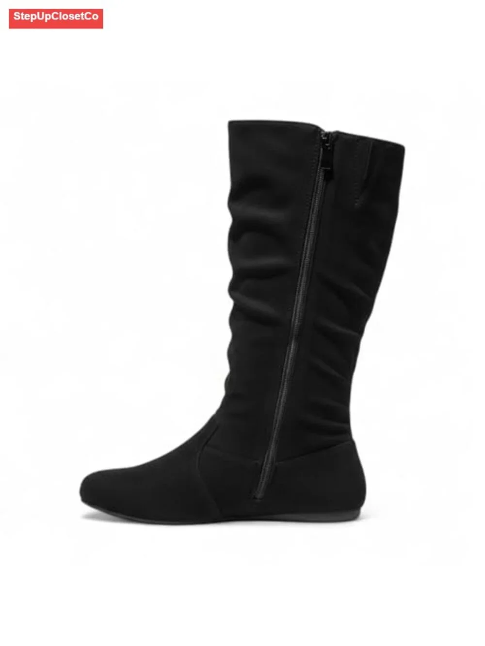 Women's Slouchy Mid-Calf Pull-On Boots with Side Zip Low Heel Winter Shoes